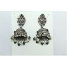 925 sterling silver Jhumki earring Tribal jewelry pearl and green Onyx Stone